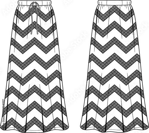 Long chevron print skirt front and back view, drawstring waist, fashion flat sketch, vector fashion template, apparel technical drawing

 flat vector illustration
