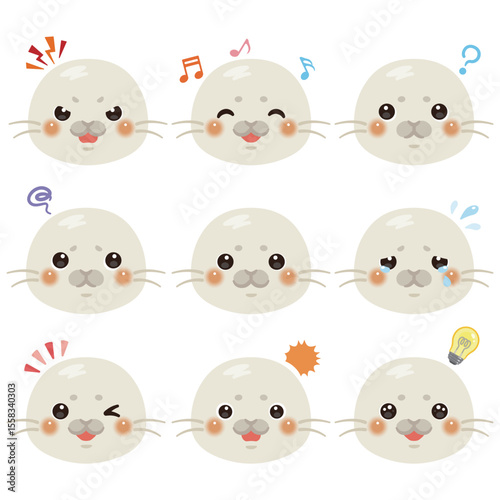 赤ちゃんアザラシのイラストセット　顔表情のみ