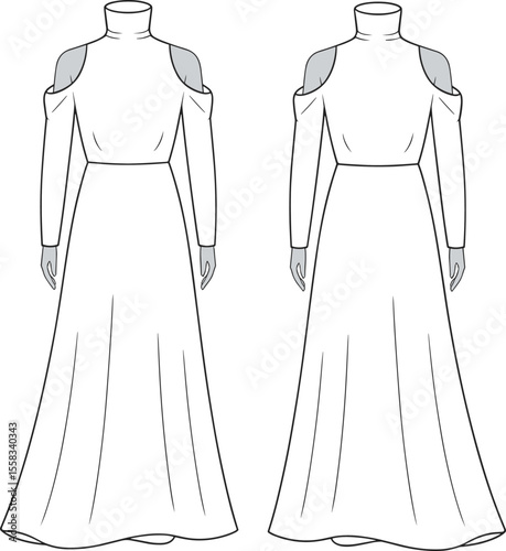 Cold shoulder long sleeve dress, fashion flat sketch, front view, high neck design, elegant gown template, vector illustration, minimal style

 flat vector illustration