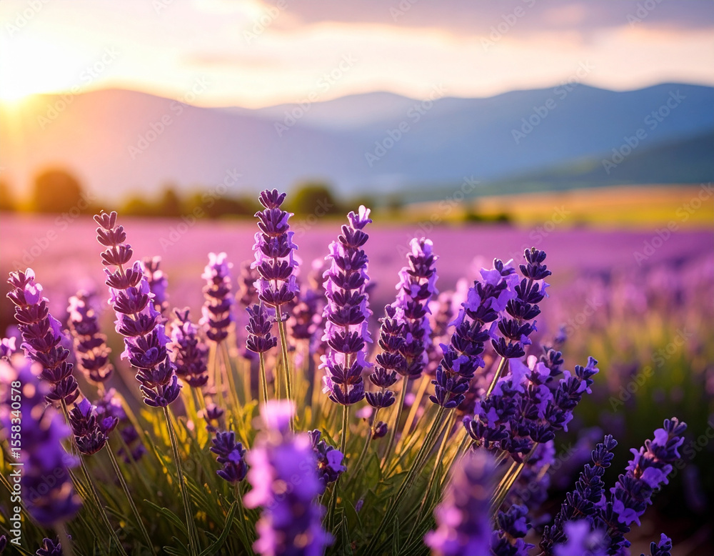 Obraz premium Close-up view of lavender field, illuminated by sunset, with mountains.