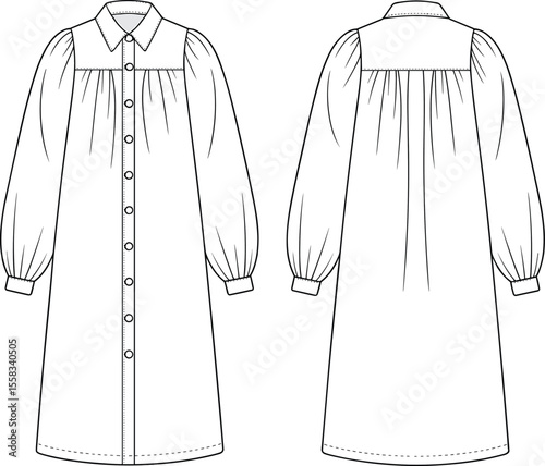  Button down long sleeve shirt dress fashion flat, front and back view, technical drawing, garment design, vector apparel template

flat vector illustration