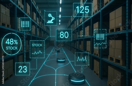 Autonomous Robots Navigating Smart Warehouse Aisles with Digital Stock Level and Barcode Data HUD Overlay