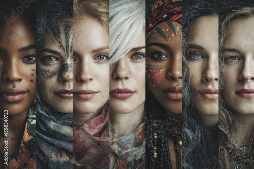 Diverse group of fictional women showcasing unique styles, expressions, and cultural attributes in an artistic display of unity and strength in a contemporary setting