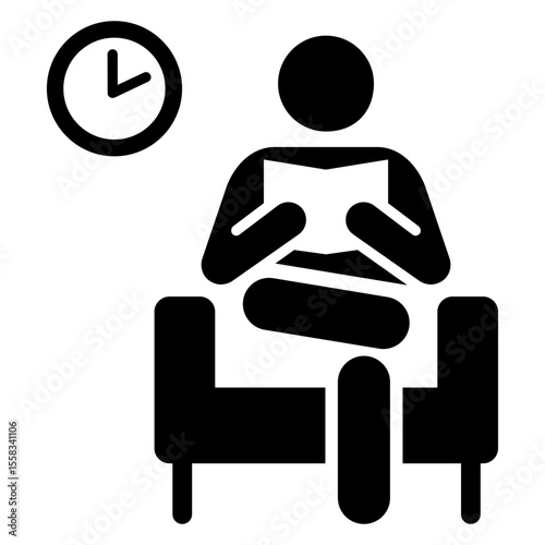 Icono sala de espera. Silueta de hombre sentado en un sillón mientras lee un libro con un reloj de pared 