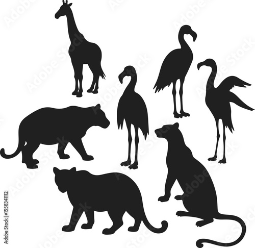 Wild Animal Silhouettes of Giraffe Flamingo Panther and Jungle Creatures Vector Illustration

