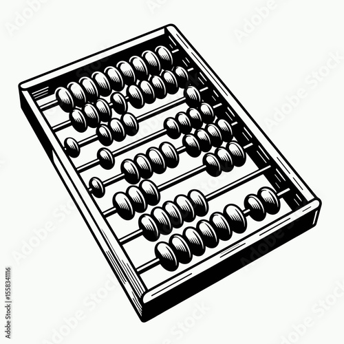 Vintage wooden abacus with black beads in traditional style  