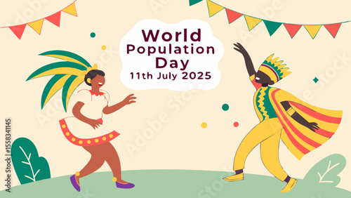 Illustration of world population day celebration with two people dancing cheerfully