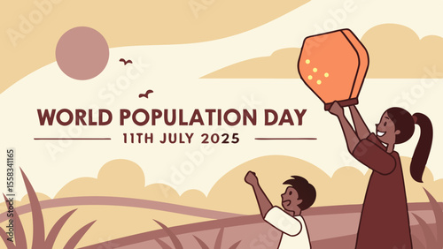 Illustration for world population day with children releasing a lantern into the sky on july eleventh