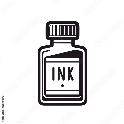 Minimalistic black and white ink bottle illustration with geometric design  