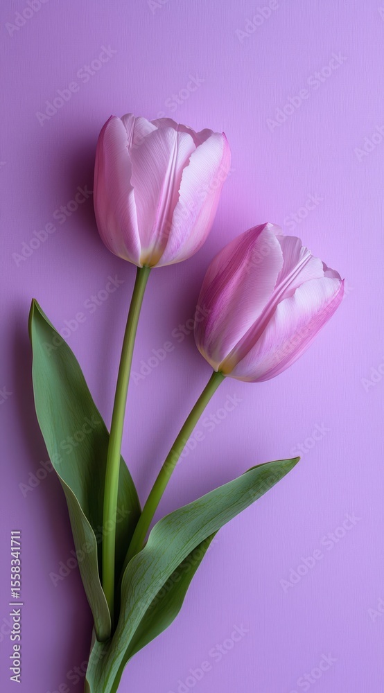 Fototapeta premium This charming image features two pink tulips beautifully set against a soft purple backdrop, creating an enchanting visual that resonates with feelings of joy, softness, and tranquility.