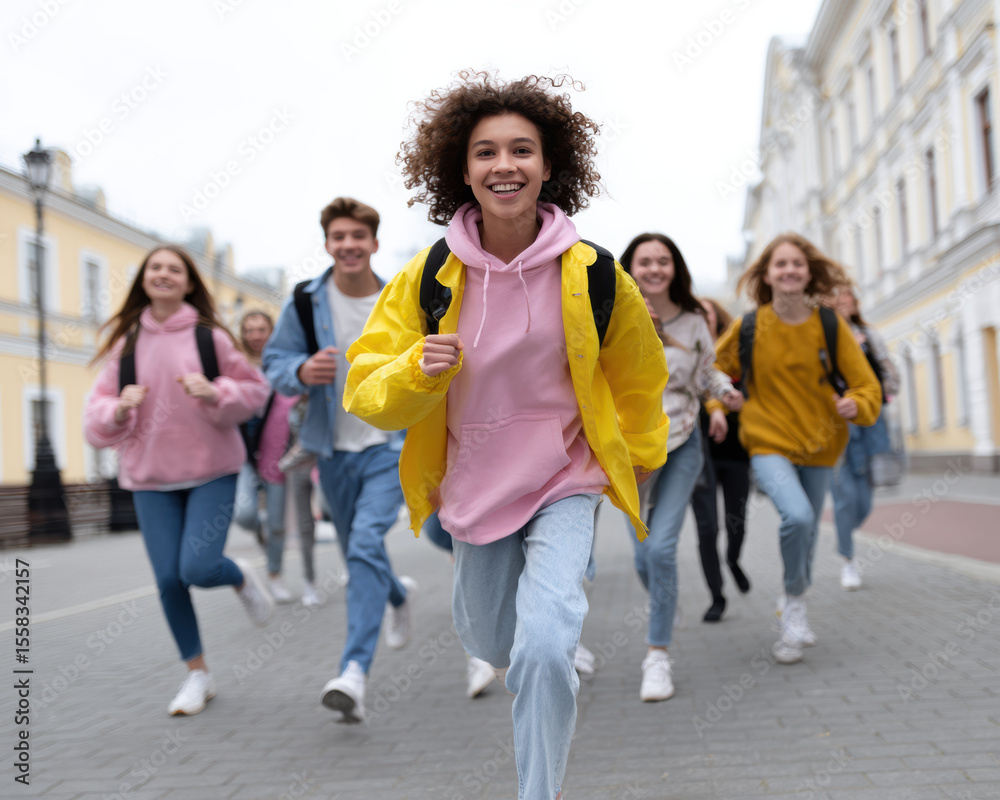 Obraz premium Excited group of friends running together in city street, wearing colorful hoodies and backpacks, showcasing joy and friendship. atmosphere is lively and energetic