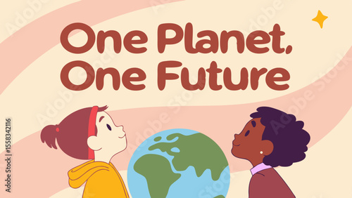 Two children gazing at the earth with one planet one future text on a light brown background with a star