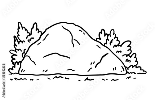 Stones in the grass and bushes isolated on a white background. Vector hand-drawn illustration in outline style. Landscape sketch. Perfect for cards, decorations, logo, various designs.