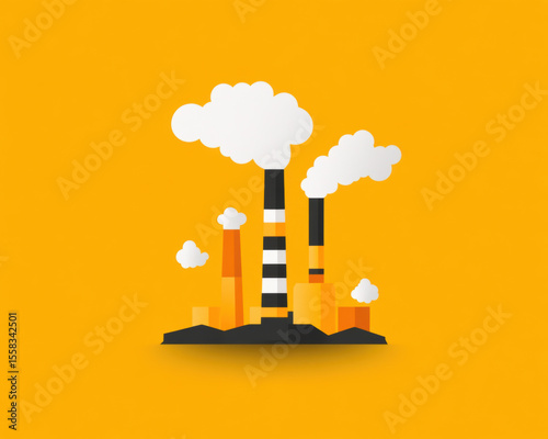 Factory layout with smokestacks and clouds, showcasing industrial elements in flat style. vibrant yellow background enhances visual appeal, creating modern and engaging design