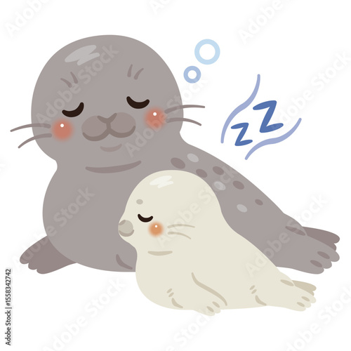 眠るアザラシ親子のイラスト
