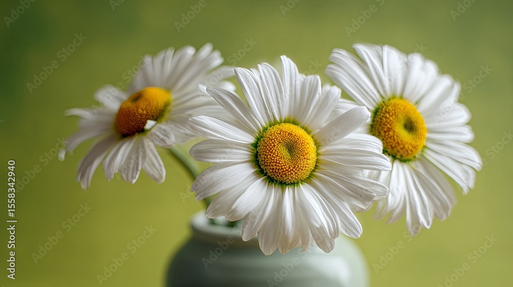 Obraz premium Close-up of blooming daisy flowers arranged in a minimalist vase under soft natural light with a beautifully blurred green background. Gentle floral composition ideal for spring, freshness