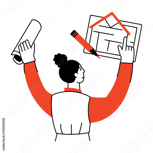 A drawing style illustration depicting a character making a blueprint
