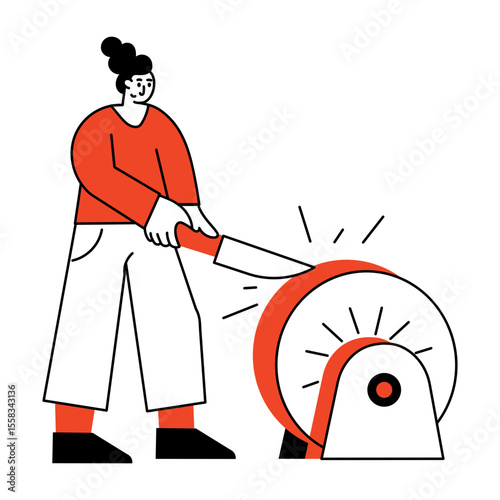 A hand drawn illustration depicting a character sharpening tools carefully
