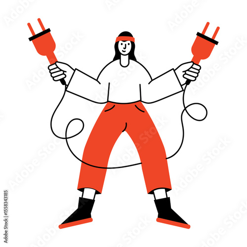 A hand drawn illustration showing a wiring engineer fixing cables
