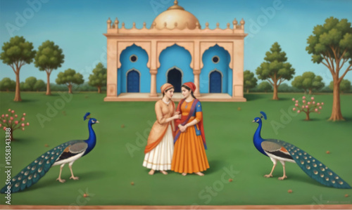 Mughal queen, princess, and women with dome, palace, and peacock — miniature painting vector for royal wallpaper, wedding design, and decorative art