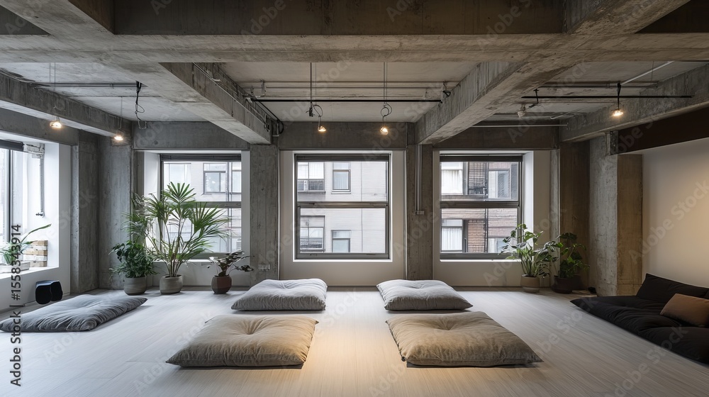 Naklejka premium Serene minimalist studio with exposed concrete beams, large windows, and floor cushions arranged for relaxation and meditation
