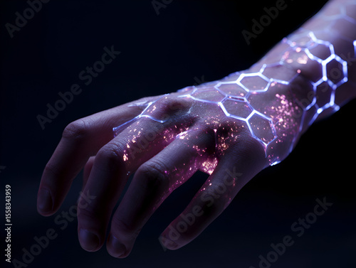 Hand with Glowing Hexagon Pattern Displayed Against Transparent Background in Conceptual Image