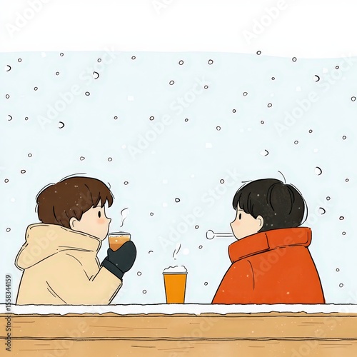 A boy sipping cocoa while wrapped in a soft blanket watching snowfall through the window