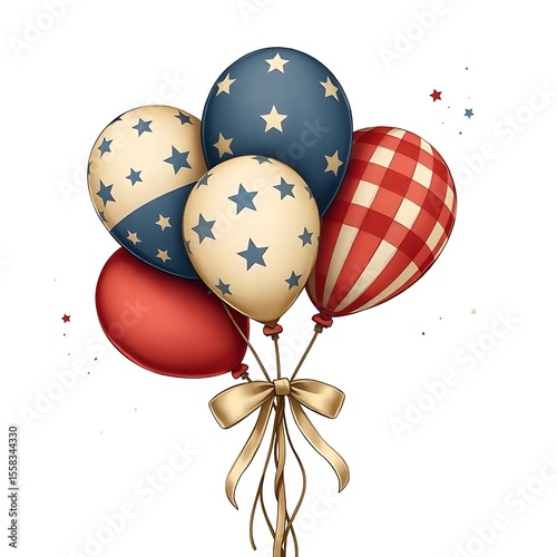 Rustic Patriotic Balloons in Red, White, and Blue with Stars and Plaid Patterns, Tied with a Gold Ribbon - Festive Celebration Design
