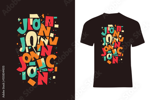 Vibrant multicolored typography composition featured on a black t-shirt, suitable for modern apparel and graphic design enthusiasts seeking unique and bold visuals for distinctive style and branding.