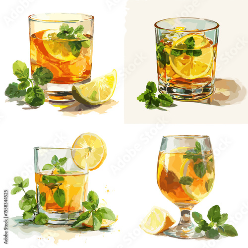 Watercolor illustration of iced lemon tea in a glass with mint and lemon slice. Refreshing summer drink concept perfect for beverage ads, menu, and lifestyle content.

