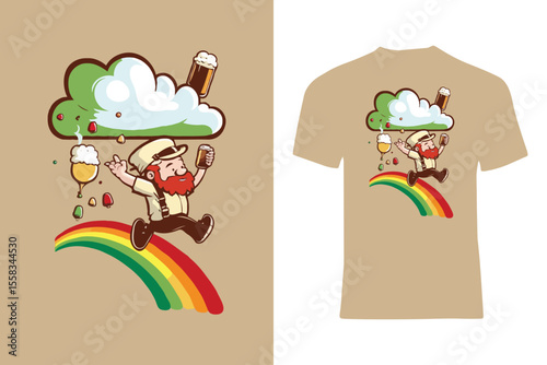 Cartoon illustration of a cheerful leprechaun strolling atop a rainbow under a beer-dropping cloud, celebrating happiness and Irish folklore.