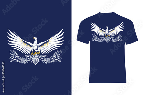 Design displaying a beautiful eagle with outstretched wings and intricate details on a navy backdrop. The artwork represents strength, elegance, and patriotism, making it perfect for custom clothing a