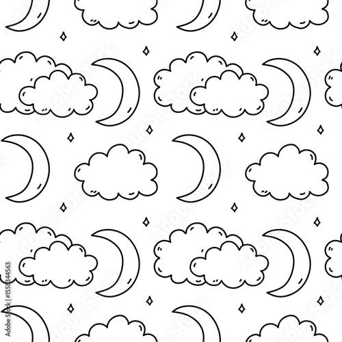 Cute seamless pattern with weather elements - clouds, stars and crescent moon. Vector hand-drawn doodle illustration. Perfect for print, wallpaper, decorations.