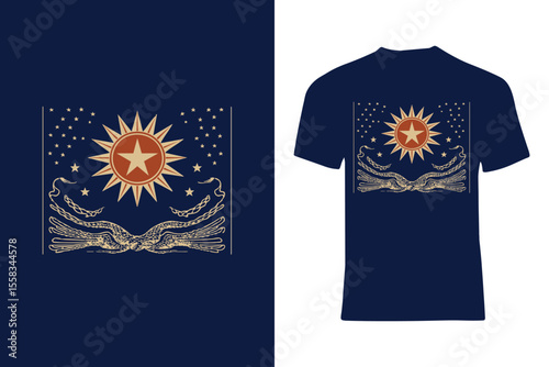 Artistic graphic of a bright star surrounded by patterns and wings on a navy shirt.