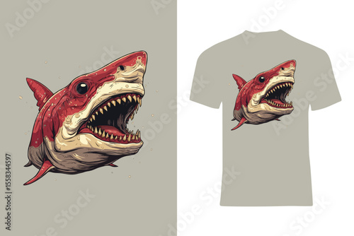 An artistic illustration of a ferocious shark depicted on a comfortable cotton t-shirt, showcasing bold colors and dynamic details ideal for ocean-themed apparel or creative fashion trends.