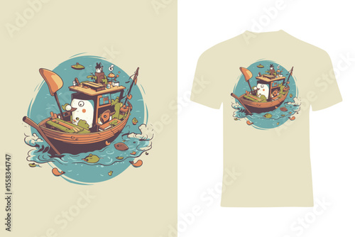 Whimsical illustration showcasing a playful boat scene with quirky characters floating on blue waters, offering creative and unique visuals for storytelling or merchandise design.