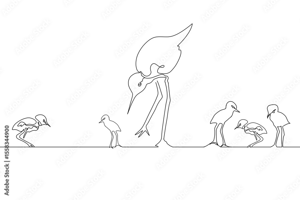 Fototapeta premium line art of black-necked stilt bird and its chicks on white background