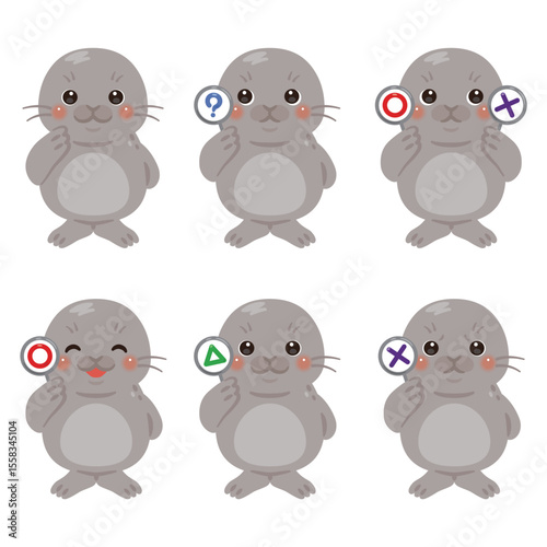 ○×△の札を持ったアザラシのキャラクターイラストセッ