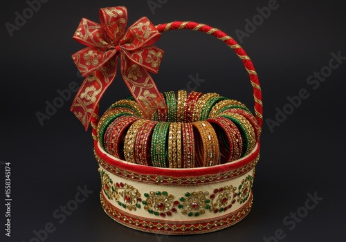 Decorated basket filled with colorful bangles and a red bow