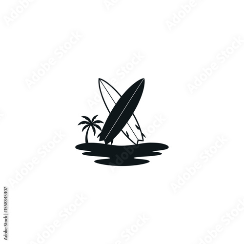 A black and white logo featuring a surfboard, banner, birds, and flip flops on a sandy surface