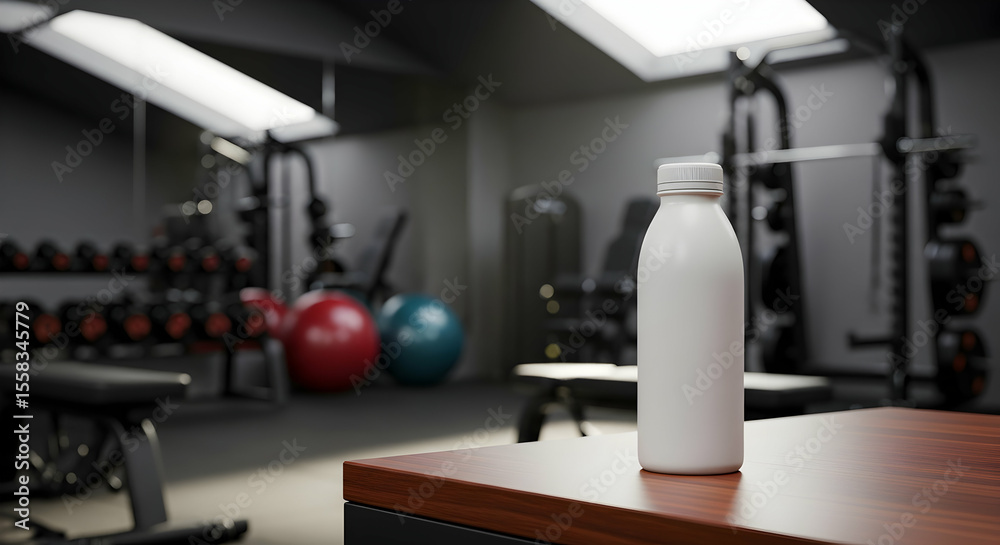 Fototapeta premium White Bottle Sits on Table in Gym, Showcasing Fitness Equipment and Weights, Indoors