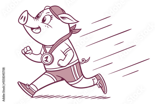Vector cute Pig cartoon character, athlete pose, running with a medal, triumphant expression, dynamic movement lines, sporty theme, isolated on white background
