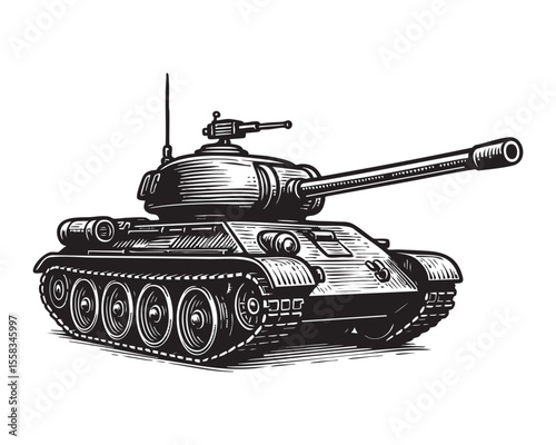Heavy Battle Tank engraving vector illustration