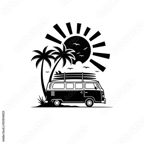 A vintage van with surfboards on top near palm trees and a sun graphic for acme distribution