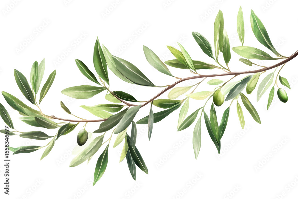 Obraz premium Branch of an olive tree with lush green leaves and ripe olives isolated against a clean background showcasing nature's beauty
