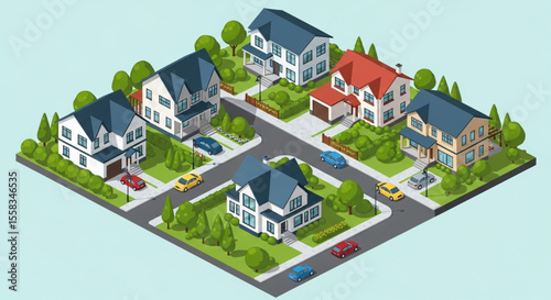 Isometric illustration of a quiet residential neighborhood, showcasing several houses with lush landscaping and parked cars.