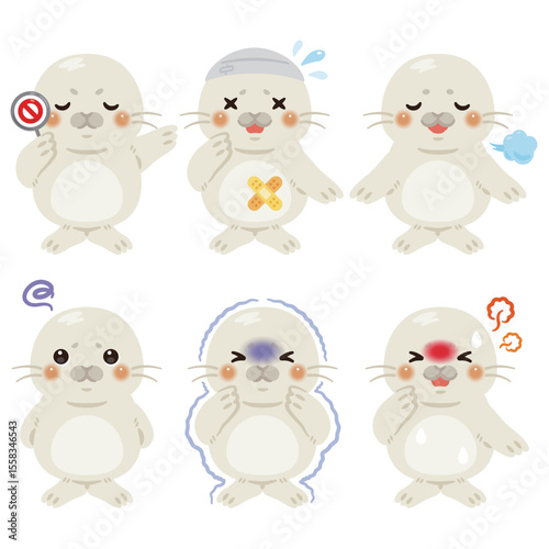 様々な状態の赤ちゃんアザラシのキャラクターイラストセット