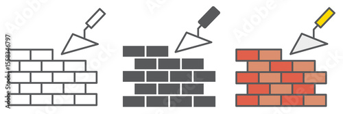 Brickwork icon collection, construction and trowel, build brick wall sign vector set graphics, editable stroke linear icon, eps 10