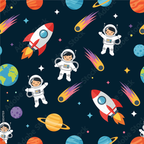 A vibrant seamless pattern features cute cartoon children as astronauts, along with rockets, comets, and colorful planets, on a dark, star-filled space background. Vector Patterns