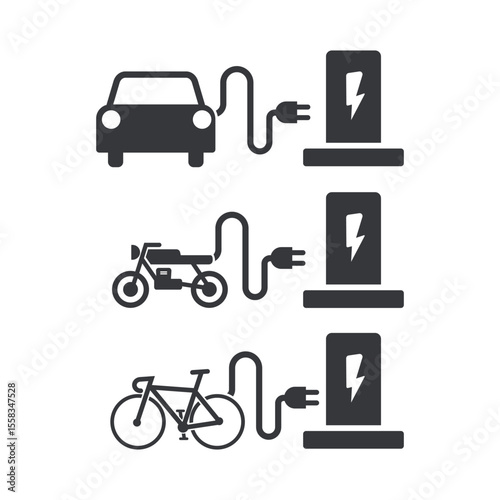 Bundle isolated pictogram sign charging station for EV car, electric vehicle, motor, bike parking sign 